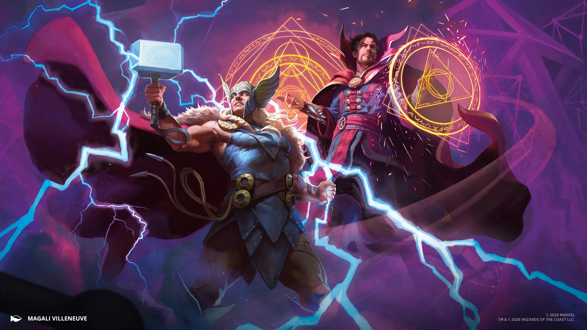 Key art for Marvel Darkhold Destiny, the first 2027 Magic: The Gathering set with Commander precons revealed